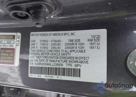 2020 Honda Cr-V Awd Ex-L from USA, damaged, VIN 5J6RW2H84LL039909